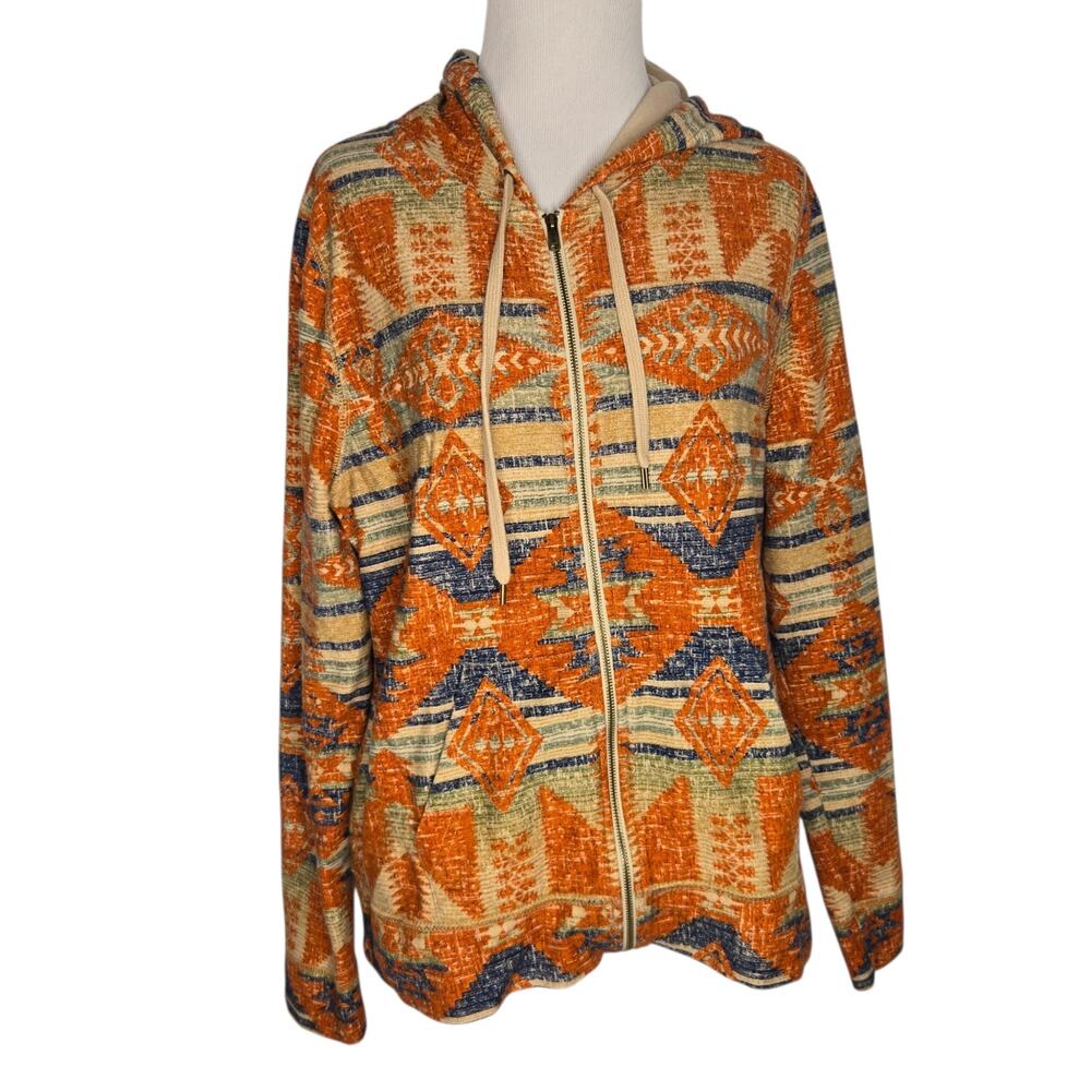 Chaps Denim Womens Southwestern Print Zip Up Hoodie Colorful Aztec Fall Large